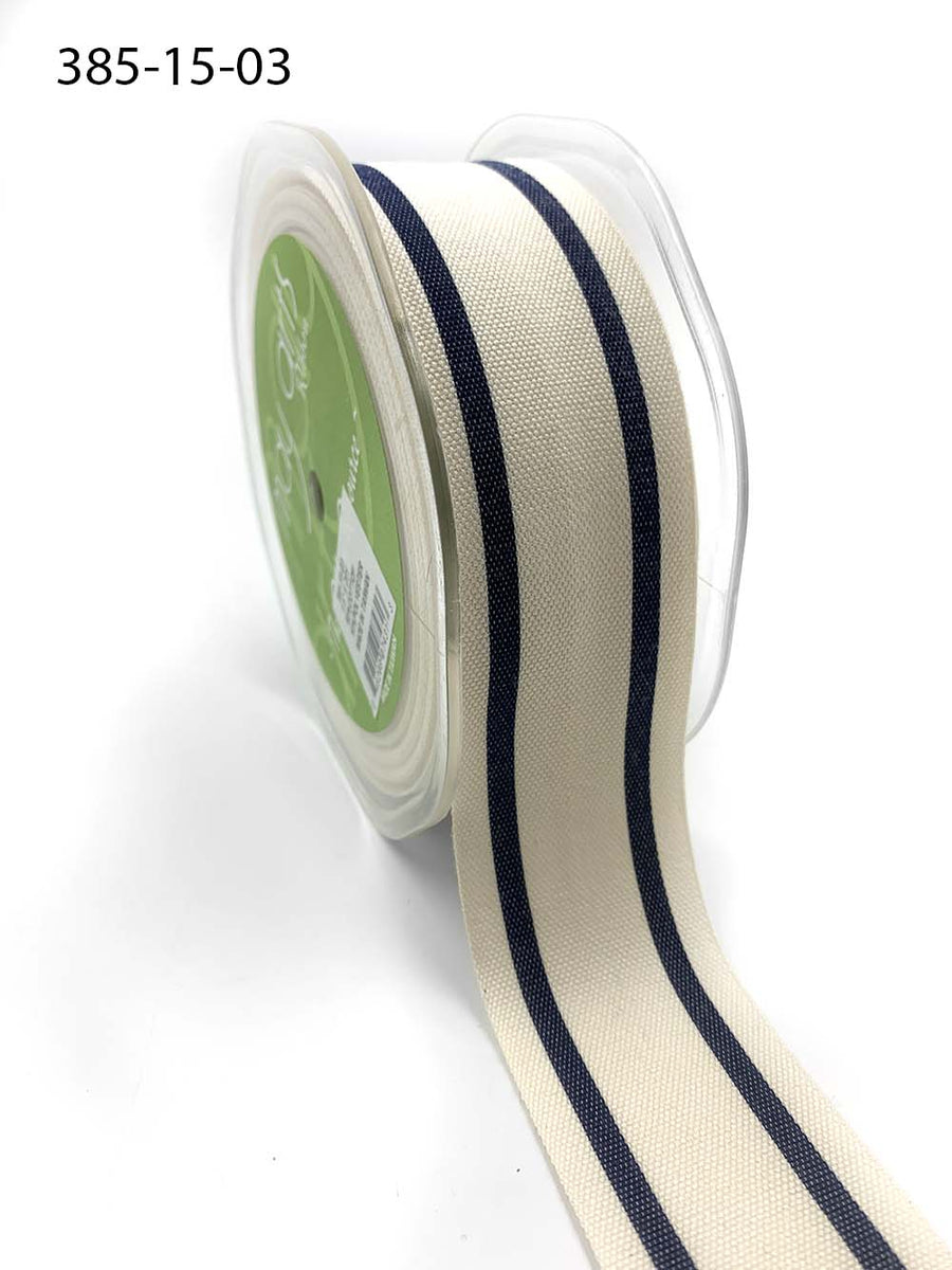 1.5 Inch Cotton Blend Woven Double Stripe Ribbon with Woven Edge – 385-15-03 Navy