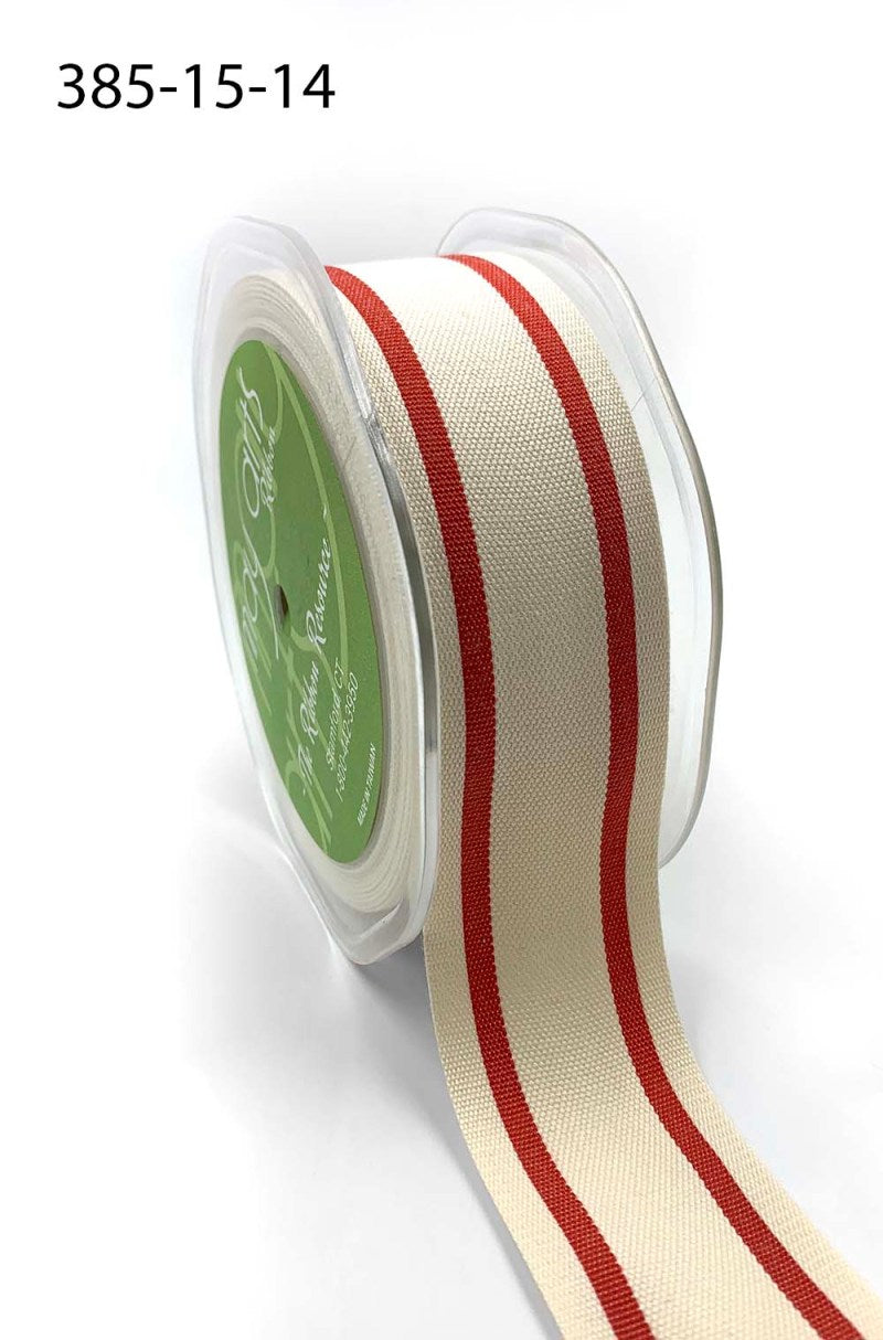 1.5 Inch Cotton Blend Woven Double Stripe Ribbon with Woven Edge – 385-15-14 – Red