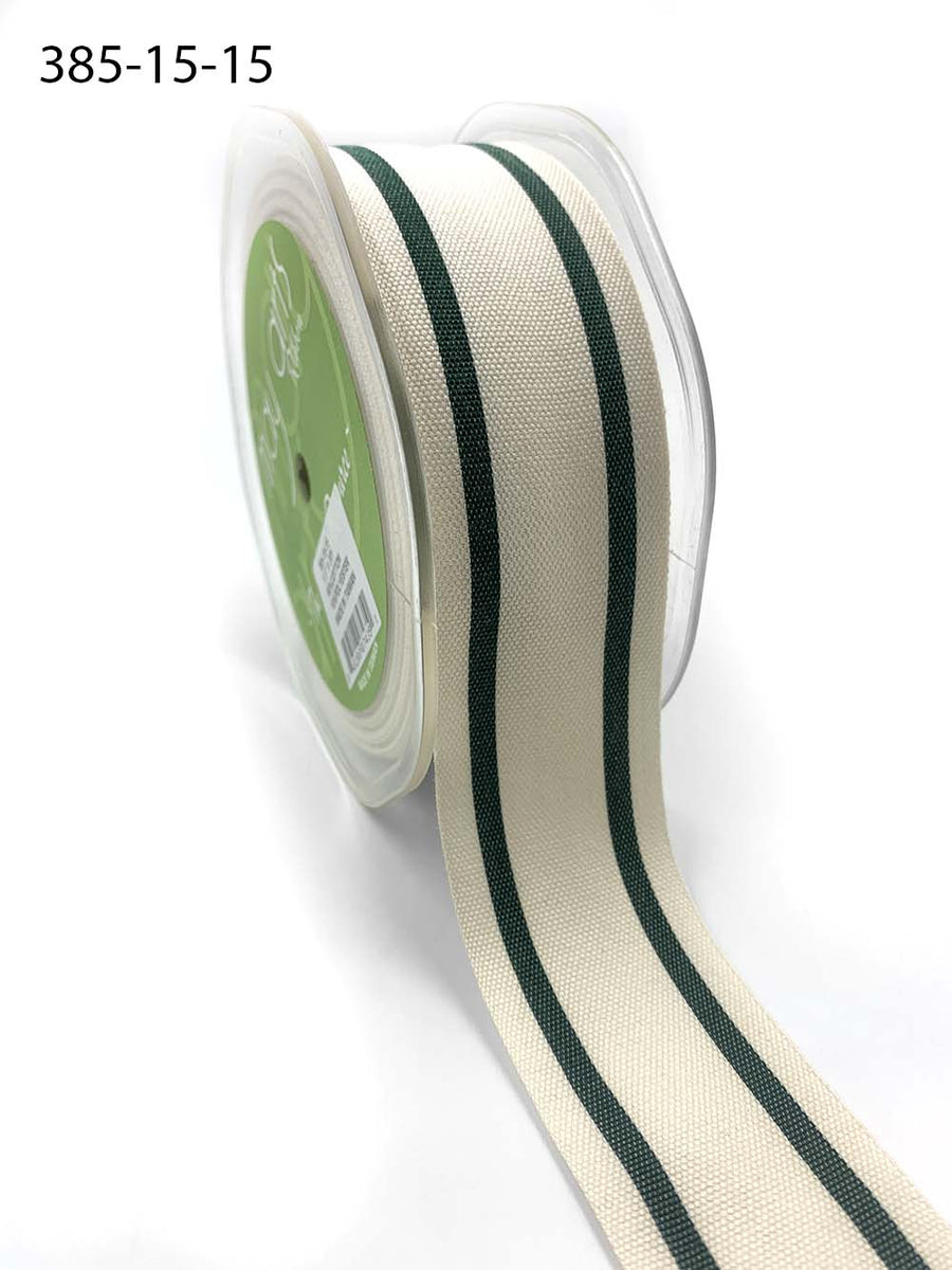 1.5 Inch Cotton Blend Woven Double Stripe Ribbon with Woven Edge – 385-15-15 Green
