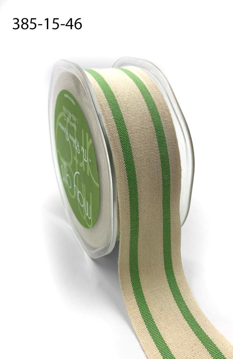 1.5 Inch Cotton Blend Woven Double Stripe Ribbon with Woven Edge – 385-15-46 – Celery