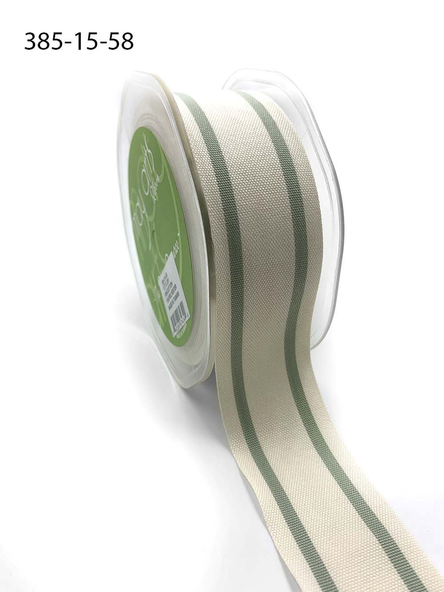 1.5 Inch Cotton Blend Woven Double Stripe Ribbon with Woven Edge – 385-15-58 Jadite Green