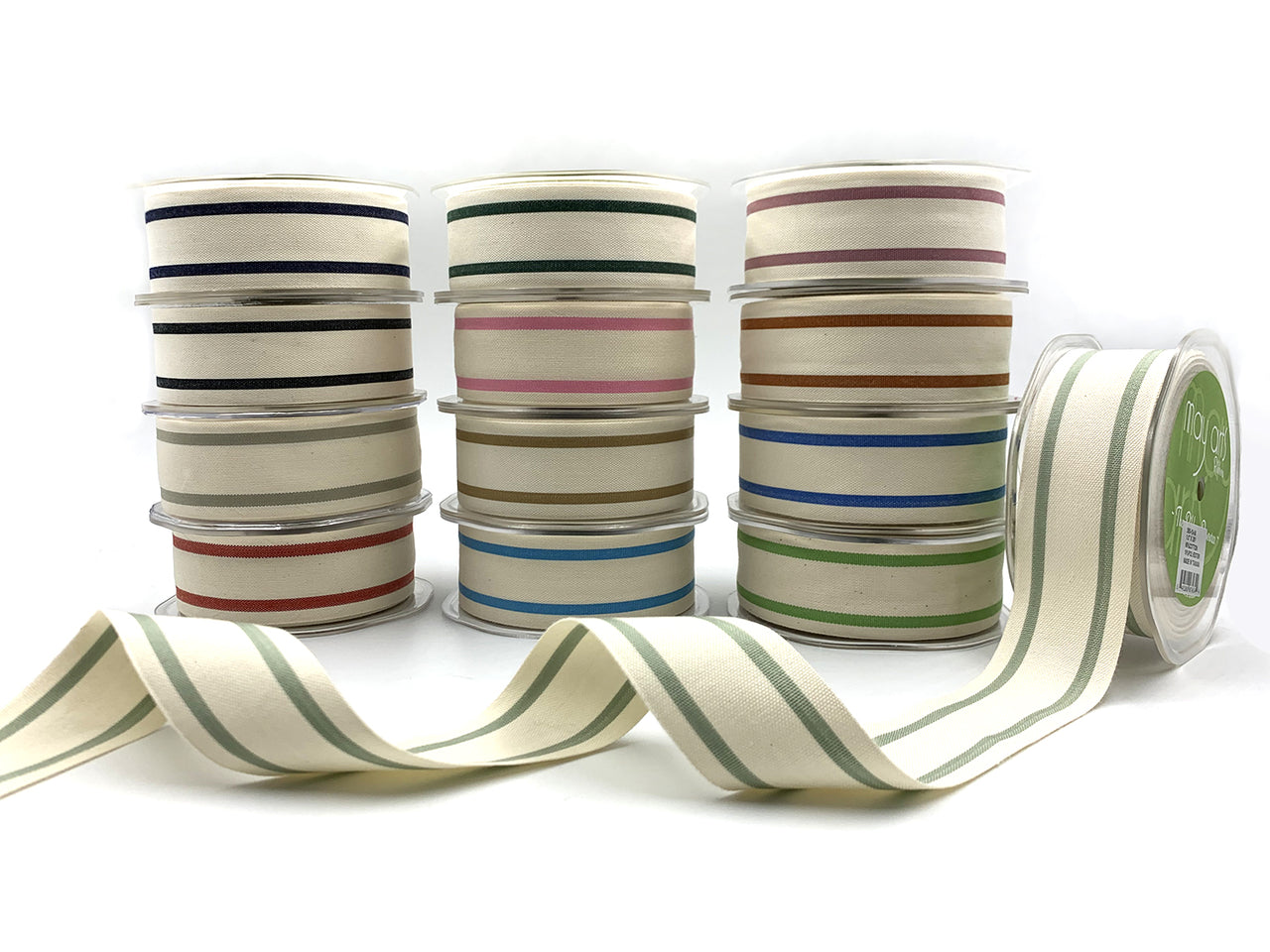 1.5 Inch Cotton Blend Woven Double Stripe Ribbon with Woven Edge