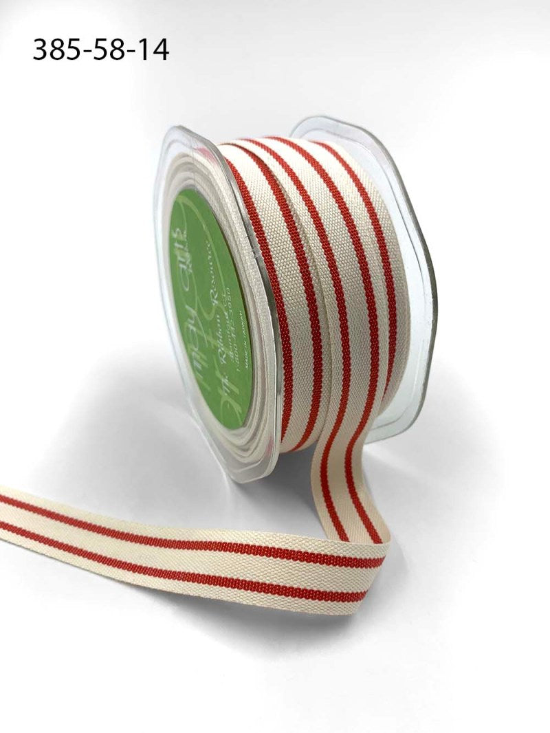 5/8 Inch Cotton Blend Double Stripe Ribbon with Woven Edge – 385-58-14 – RED