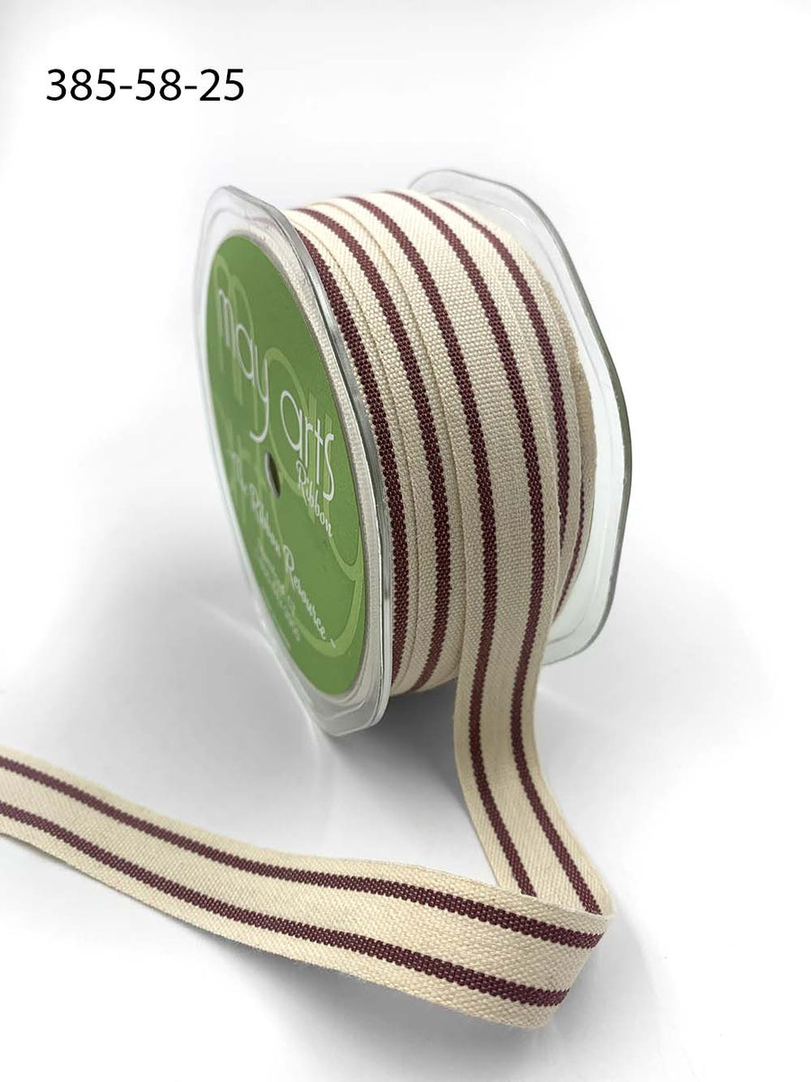 5/8 Inch Cotton Blend Double Stripe Ribbon with Woven Edge – 385-58-25 – BURGUNDY