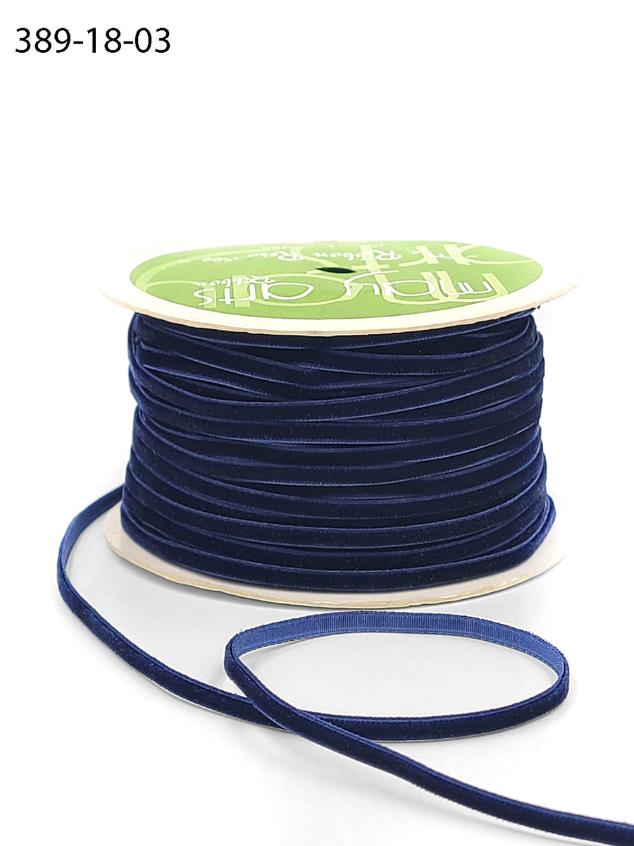 1/8 inch Velvet String Cord Ribbon with Woven Edge – 389-18-03 NAVY (NEW)