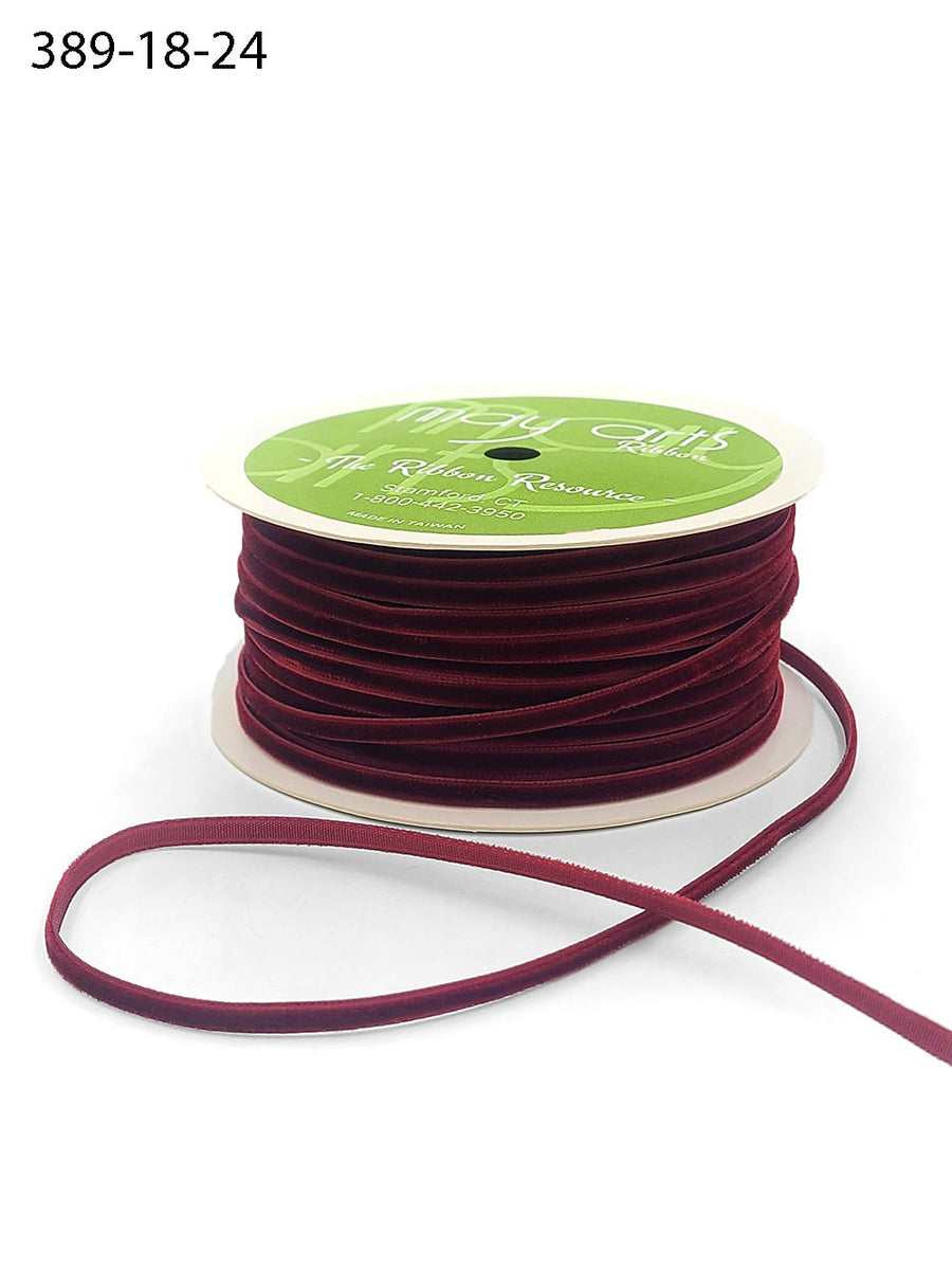 1/8 inch Velvet String Cord Ribbon with Woven Edge – 389-18-24 BURGUNDY (NEW)