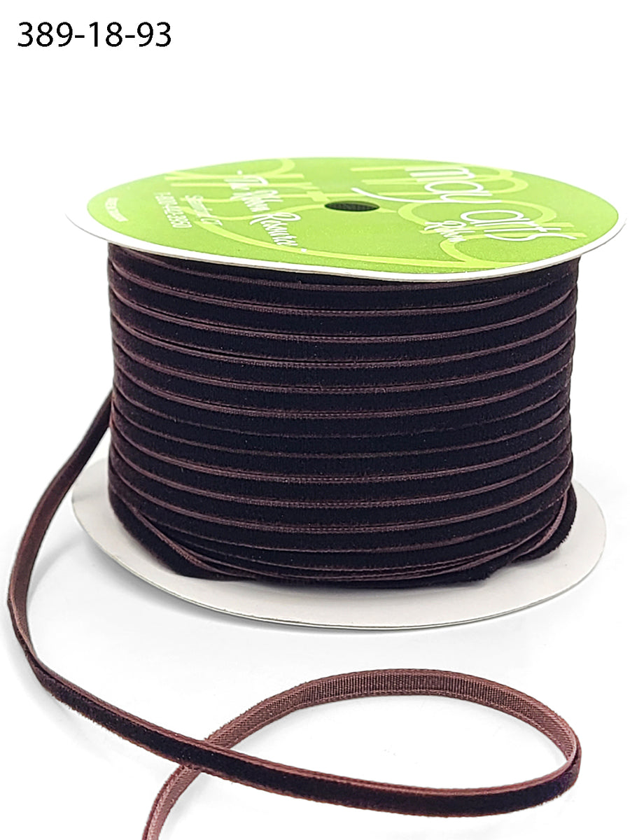 1/8 inch Velvet String Cord Ribbon with Woven Edge – 389-18-93 DARK BROWN