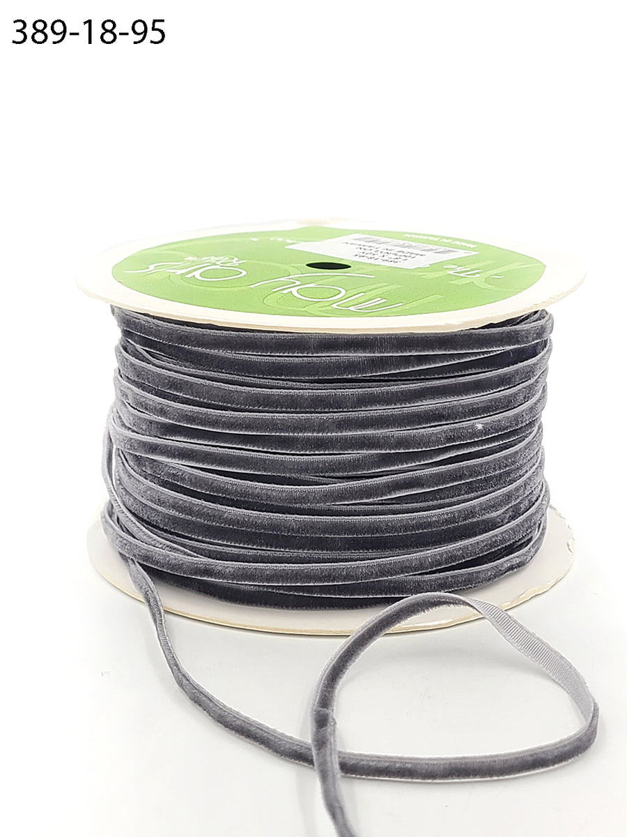 1/8 inch Velvet String Cord Ribbon with Woven Edge – 389-18-95 CHARCOAL (NEW)