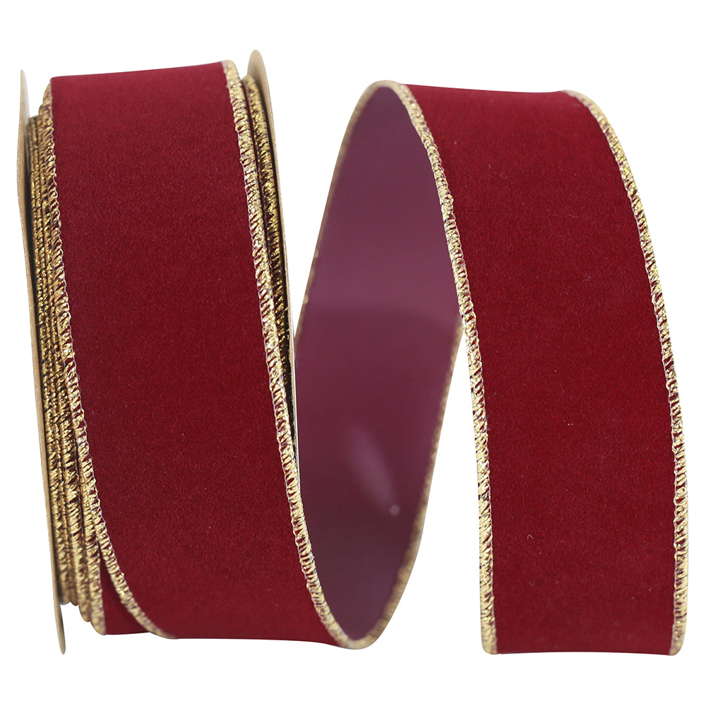 Burgundy Gold Velvet Wired Edge Ribbon 1-3/8 Inch