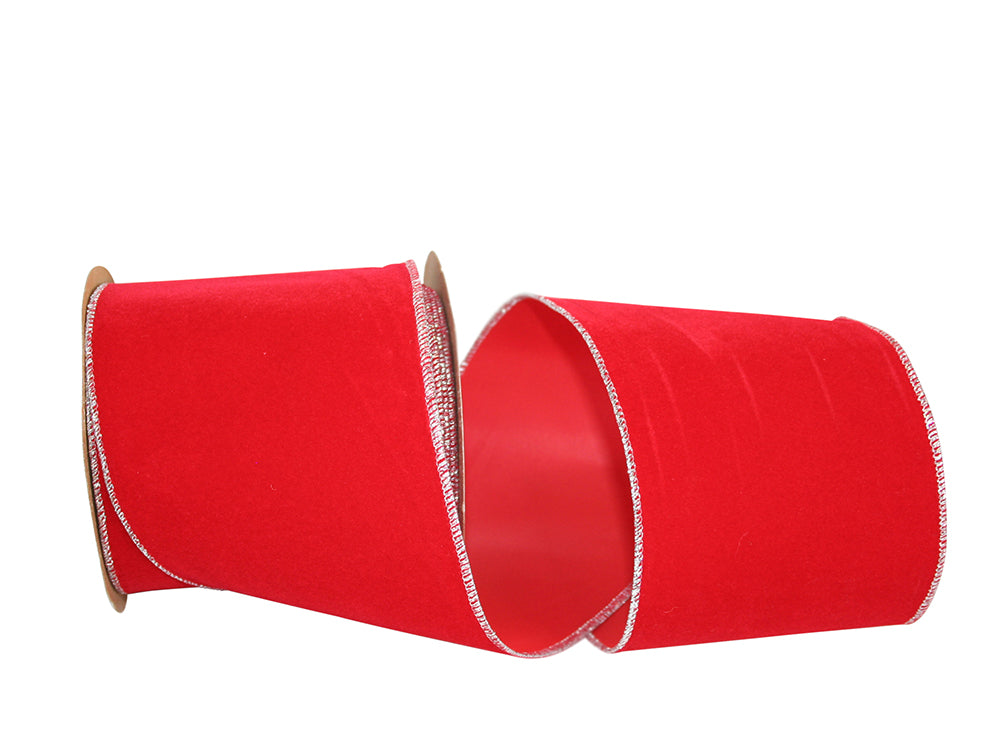 4 Inch Red Silver Velvet Wired Edge Ribbon for Wreaths