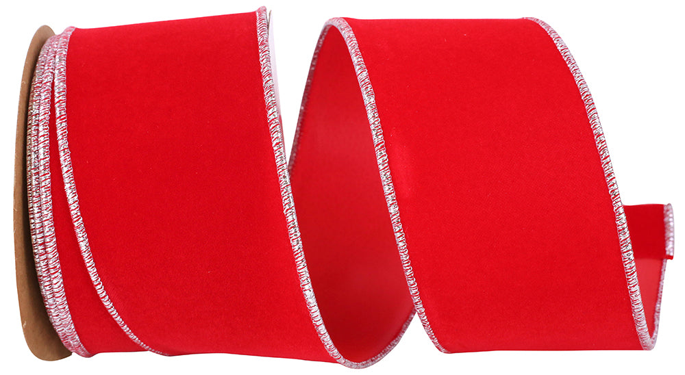 Red Silver Velvet Wired Edge Ribbon 2-1/2 Inch for Wreaths