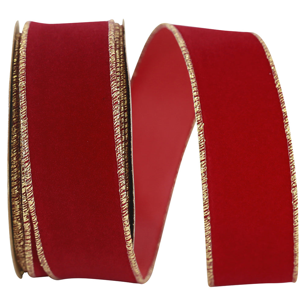 Velvet Wired Edge Ribbon Red Gold 1-3/8 Inch 10 Yards