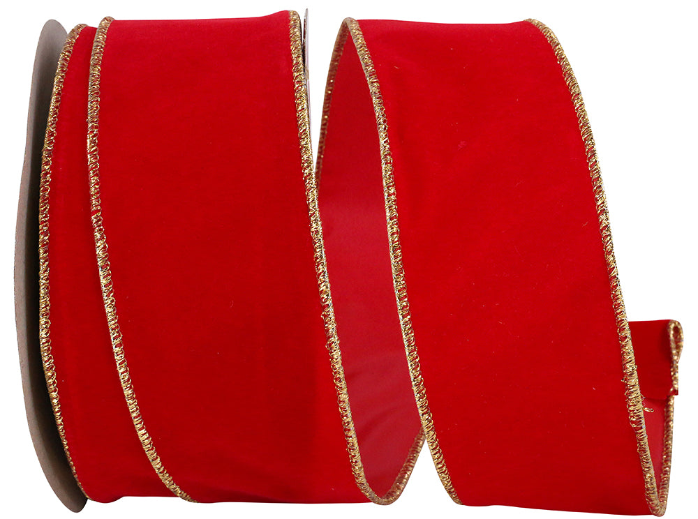 Red Gold Velvet Wired Edge Ribbon 2-1/2 Inch 25 Yards