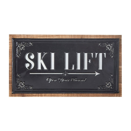 17.75" Ski Lift Embossed Metal with Wood Wall Art