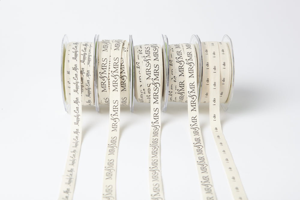 1/2 Ivory Canvas Printed Wedding Ribbon with Woven Edge