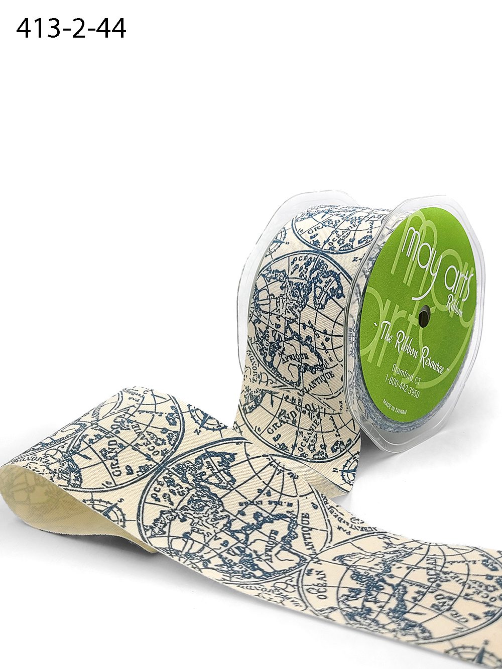 2 Inch Ivory Cotton Printed Globe Ribbon with Woven Edge – 413-2-44 blue map print