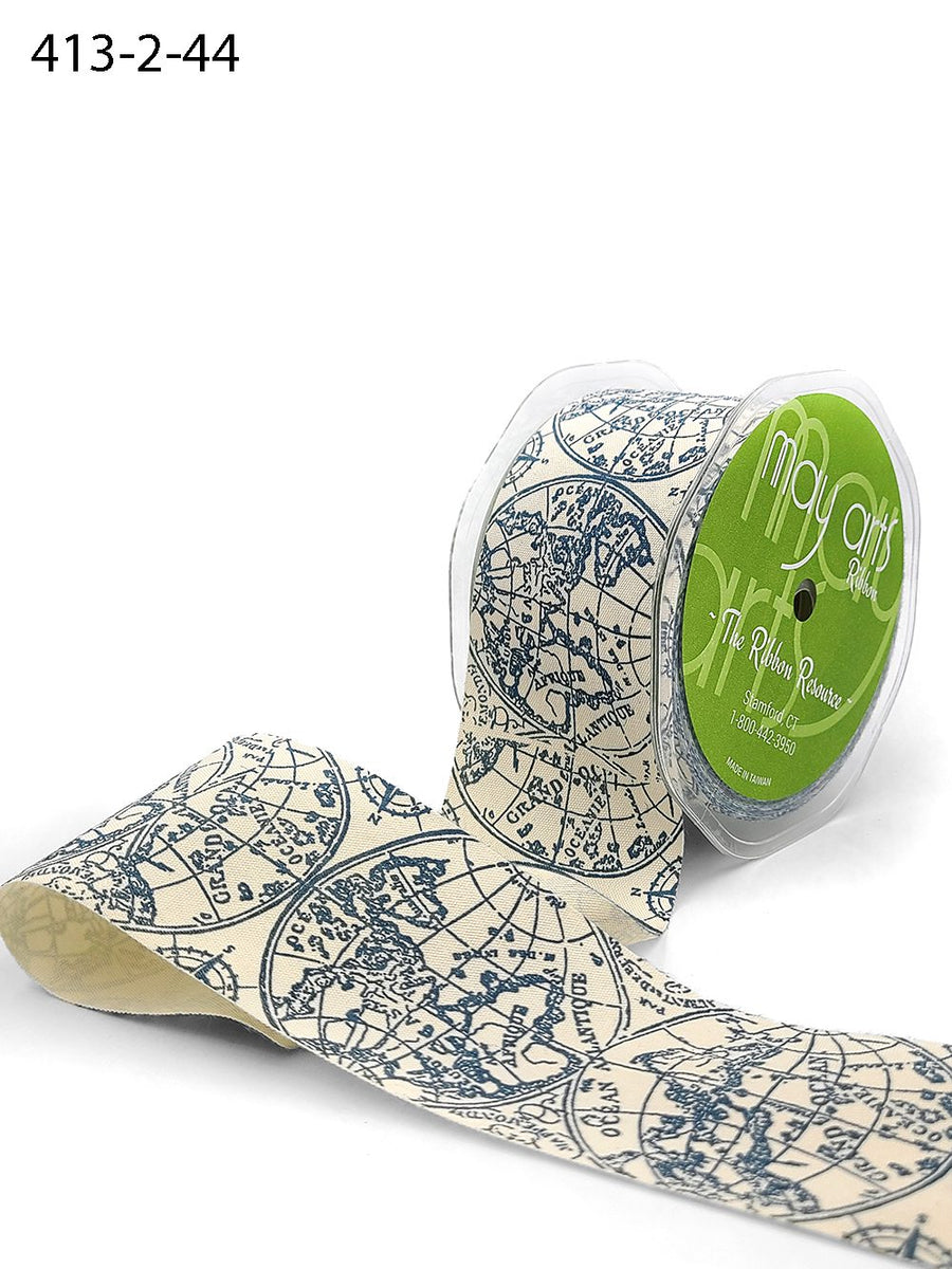 2 Inch Ivory Cotton Printed Globe Ribbon with Woven Edge – 413-2-44 blue map print