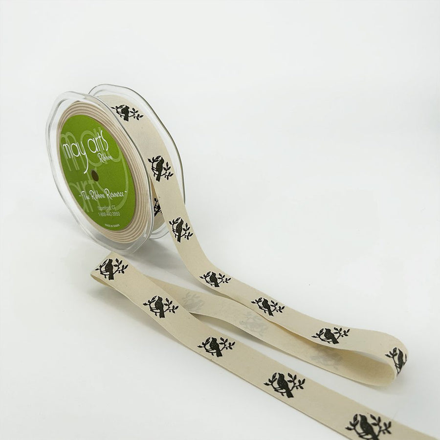 3/4 Inch Ivory Canvas Printed Ribbon with Woven Edge – 413-34-10 Birds