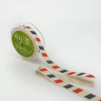3/4 Inch Ivory Canvas Printed Ribbon with Woven Edge – 413-34-12 Red/Blue Stripes