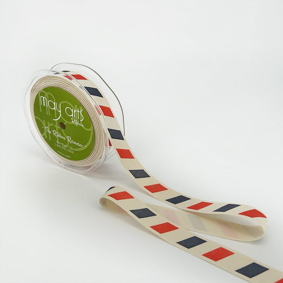 3/4 Inch Ivory Canvas Printed Ribbon with Woven Edge – 413-34-12 Red/Blue Stripes