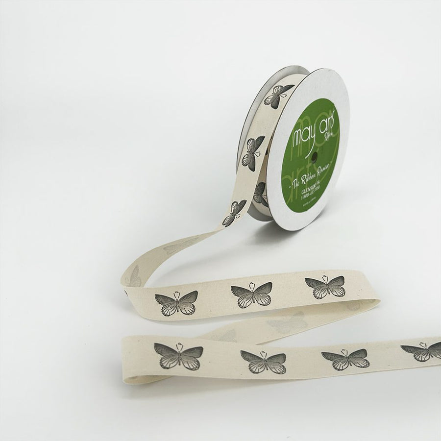 3/4 Inch Ivory Canvas Printed Ribbon with Woven Edge – 413-34-13 Butterfly