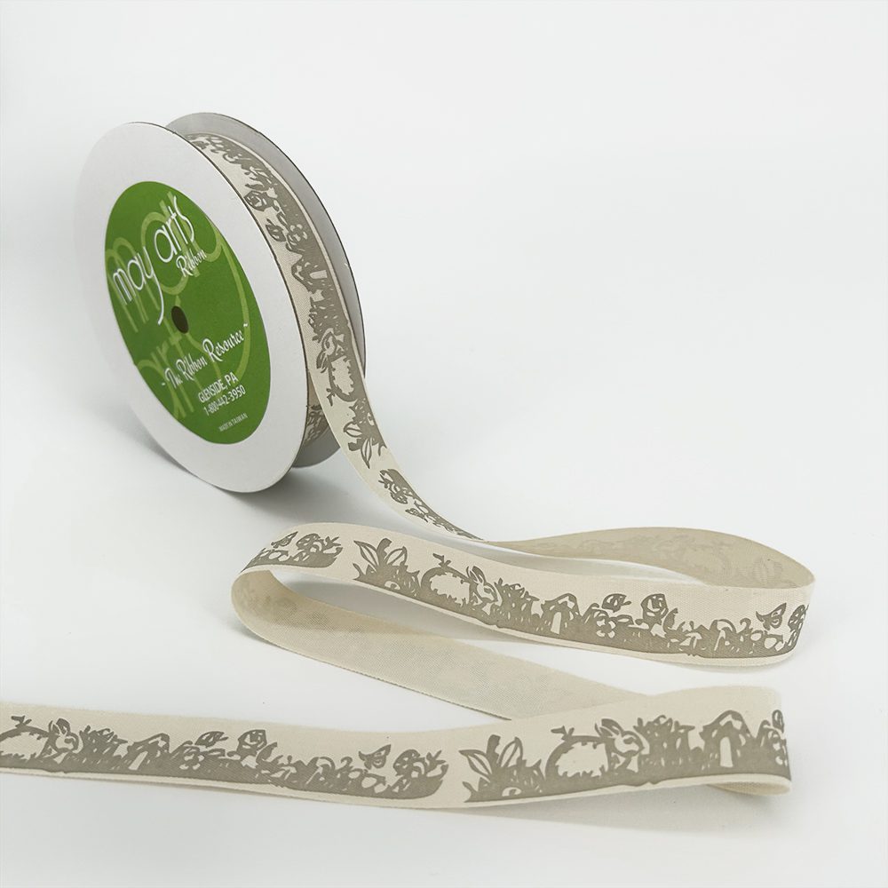 3/4 Inch Ivory Canvas Printed Ribbon with Woven Edge – 413-34-14 Spring Bunny