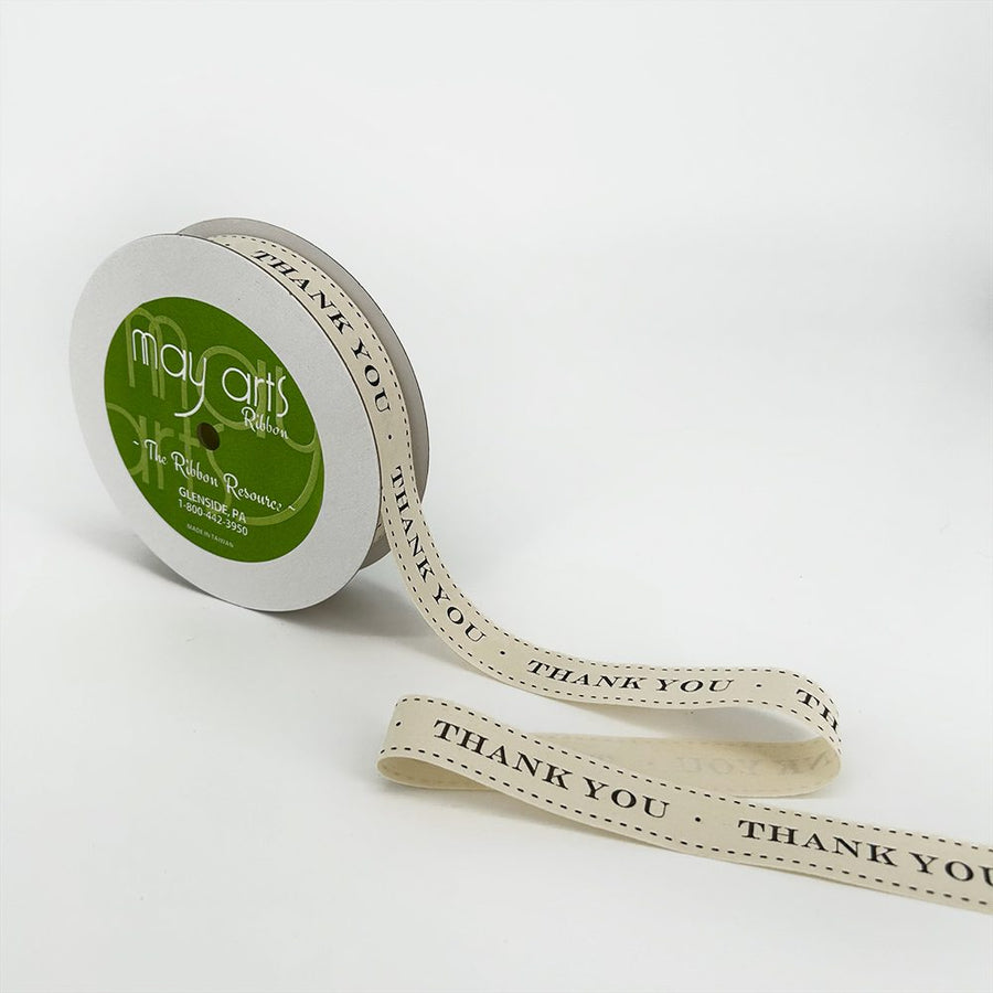 3/4 Inch Ivory Canvas Printed Ribbon with Woven Edge – 413-34-17 Thank You