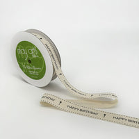 3/4 Inch Ivory Canvas Printed Ribbon with Woven Edge – 413-34-18 Happy Birthday