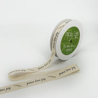 3/4 Inch Ivory Canvas Printed Ribbon with Woven Edge – 413-34-22 Peace/Love/Joy with Branch