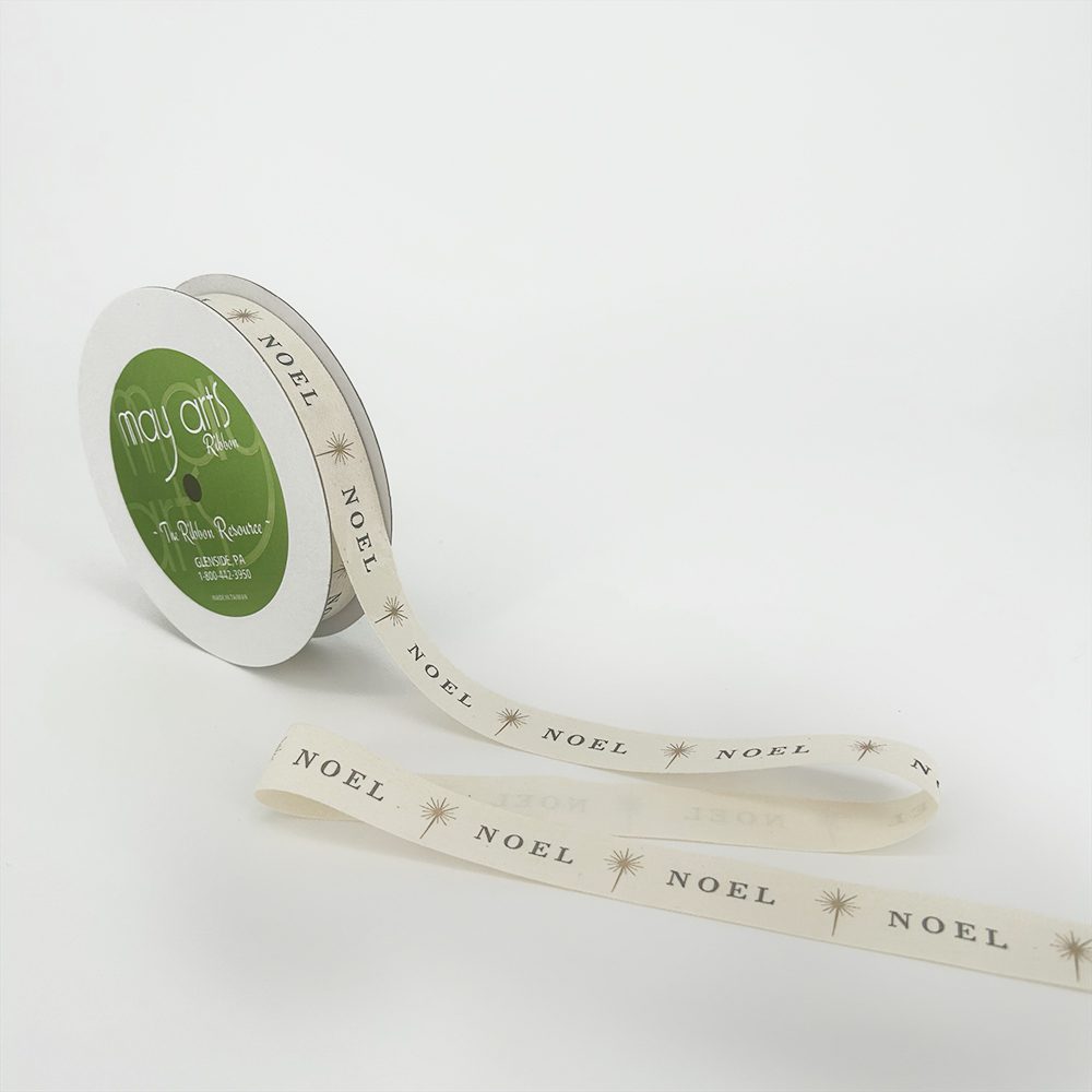 3/4 Inch Ivory Canvas Printed Ribbon with Woven Edge – 413-34-23 Noel with Star