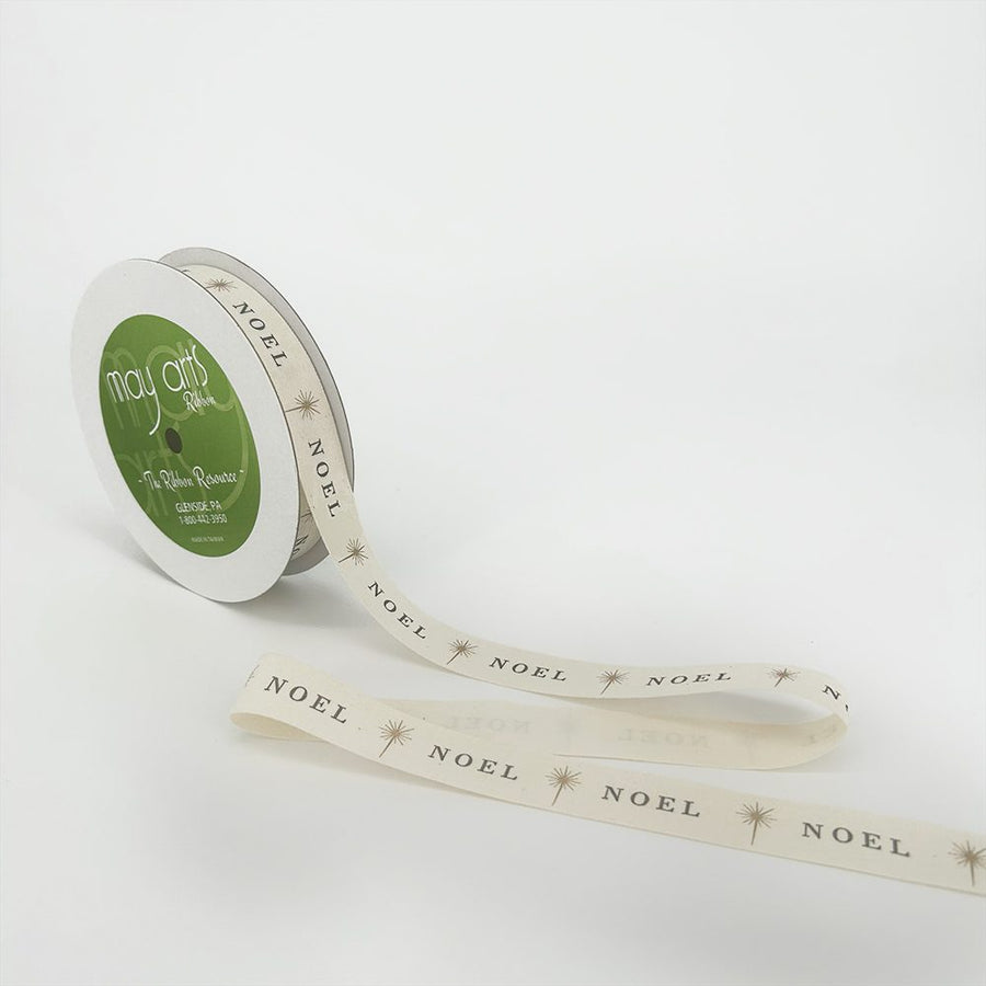 3/4 Inch Ivory Canvas Printed Ribbon with Woven Edge – 413-34-23 Noel with Star