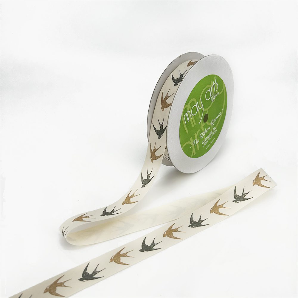 3/4 Inch Ivory Canvas Printed Ribbon with Woven Edge – 413-34-26 Black/Brown Sparrows