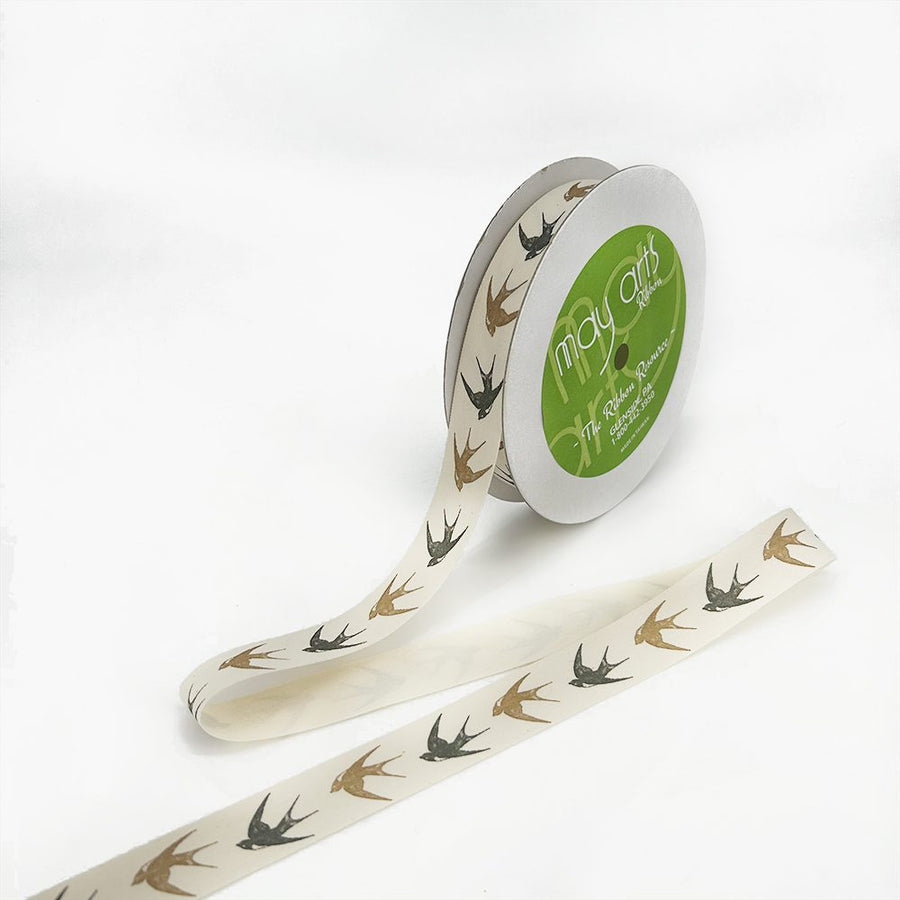 3/4 Inch Ivory Canvas Printed Ribbon with Woven Edge – 413-34-26 Black/Brown Sparrows