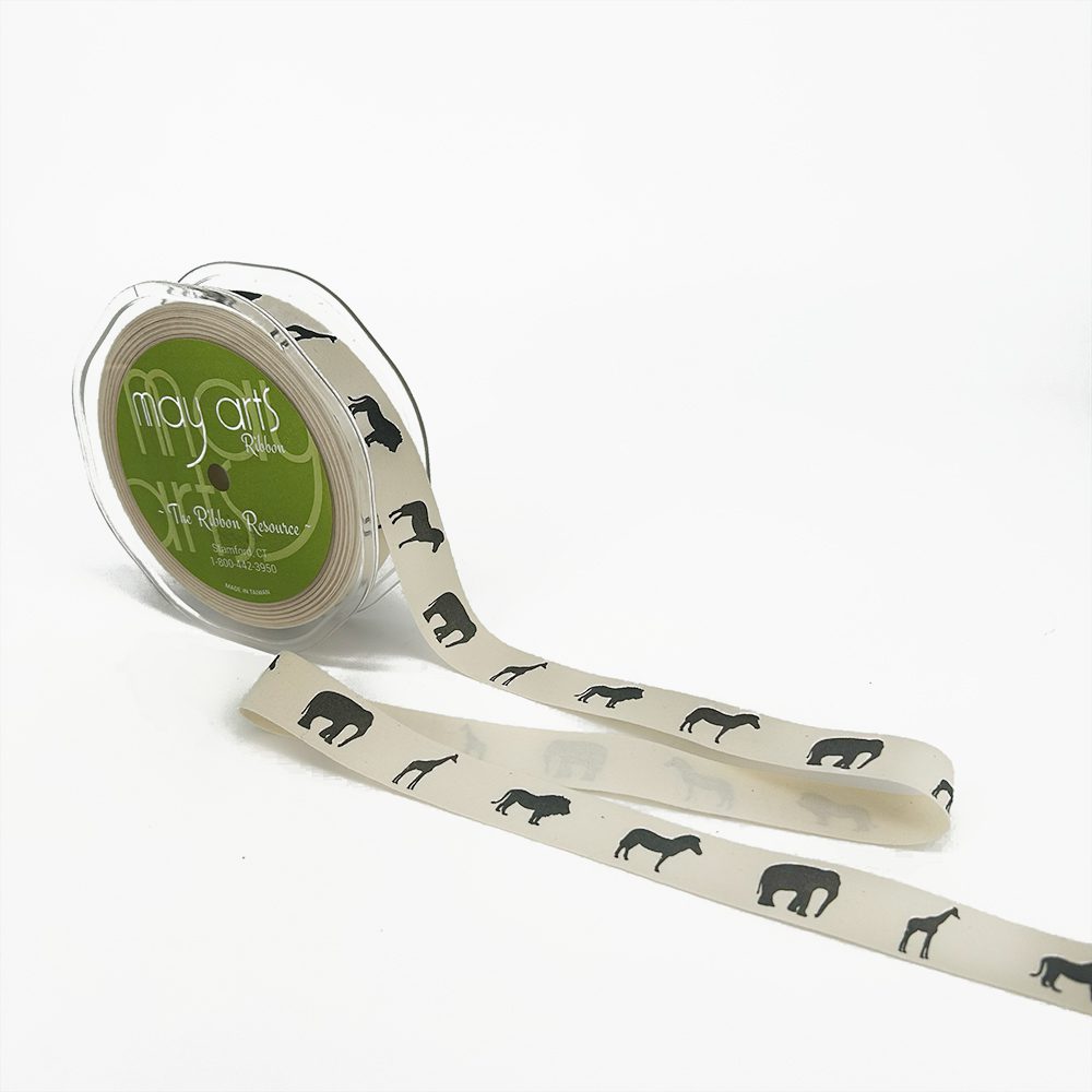 3/4 Inch Ivory Canvas Printed Ribbon with Woven Edge – 413-34-29 ELEPHANT, GIRAFFE, LION, ZEBRA