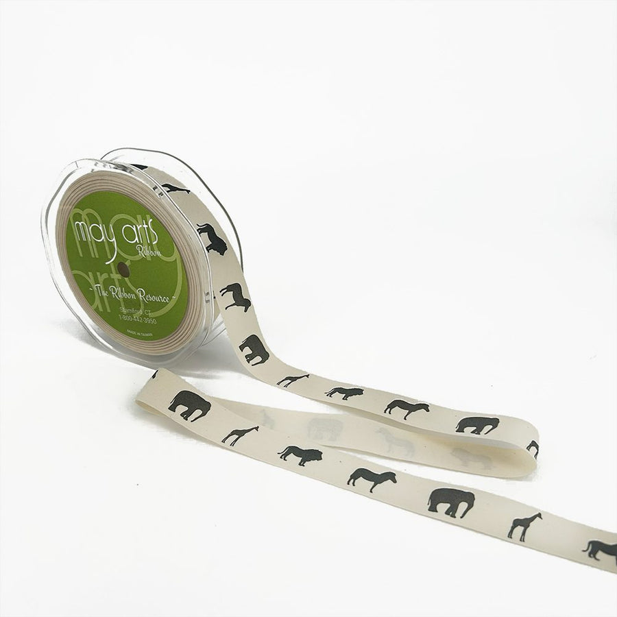 3/4 Inch Ivory Canvas Printed Ribbon with Woven Edge – 413-34-29 ELEPHANT, GIRAFFE, LION, ZEBRA