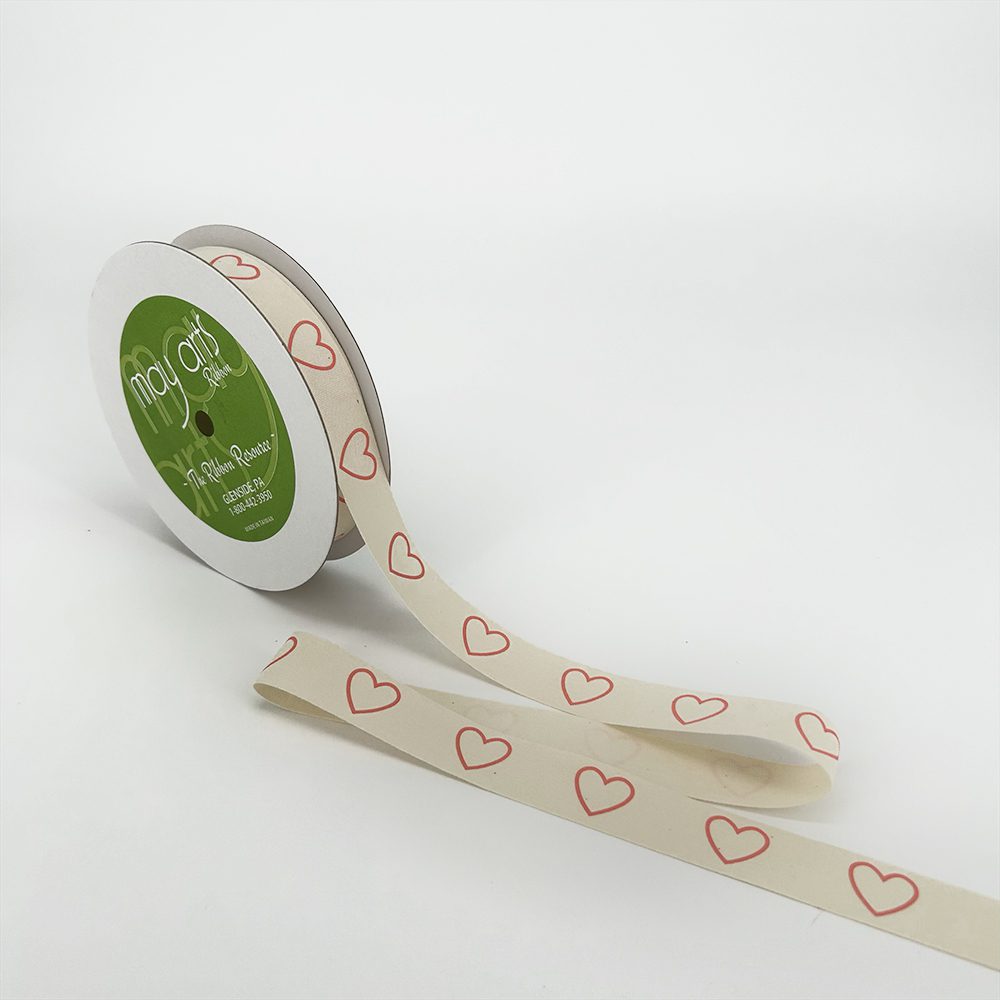 3/4 Inch Ivory Canvas Printed Ribbon with Woven Edge – 413-34-31 HEART OUTLINE