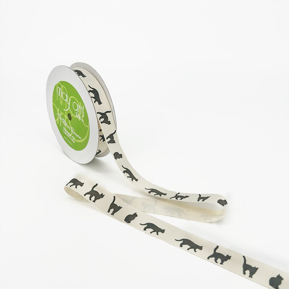 3/4 Inch Ivory Canvas Printed Ribbon with Woven Edge – 413-34-33 Cat Silhouette