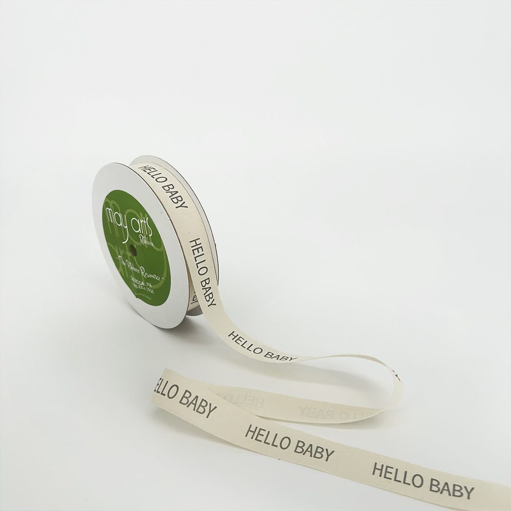 3/4 Inch Ivory Canvas Printed Ribbon with Woven Edge – 413-34-39 HELLO BABY