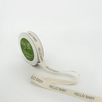 3/4 Inch Ivory Canvas Printed Ribbon with Woven Edge – 413-34-39 HELLO BABY