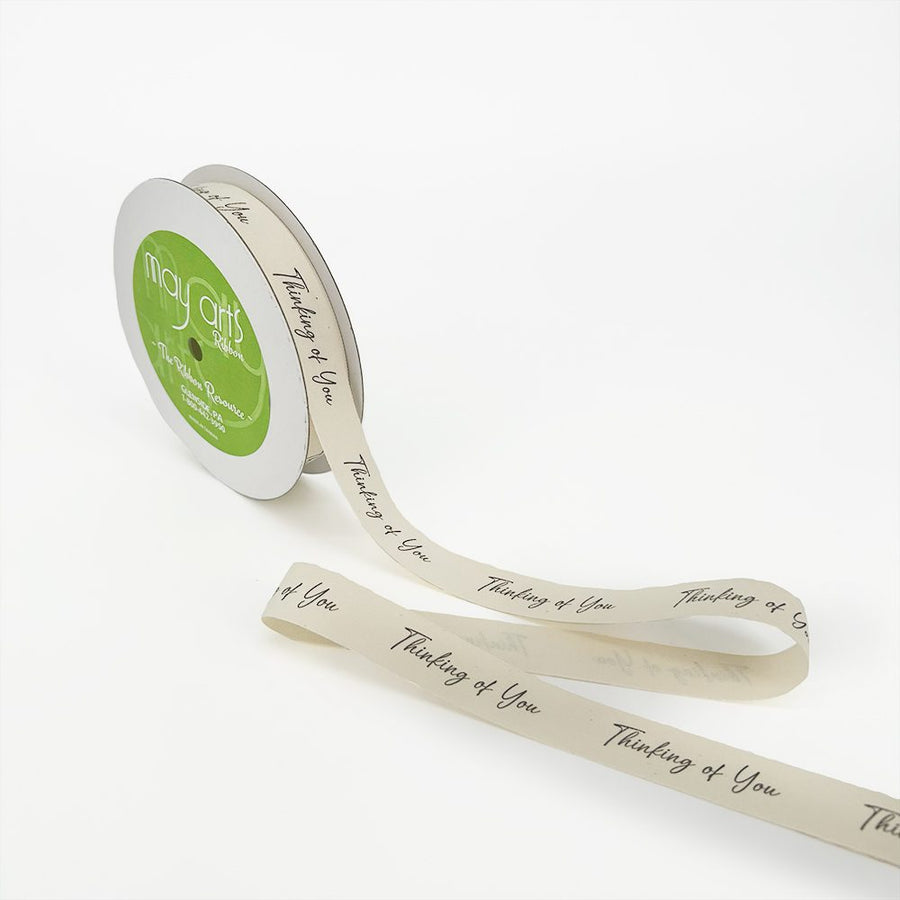 3/4 Inch Ivory Canvas Printed Ribbon with Woven Edge – 413-34-40 THINKING OF YOU
