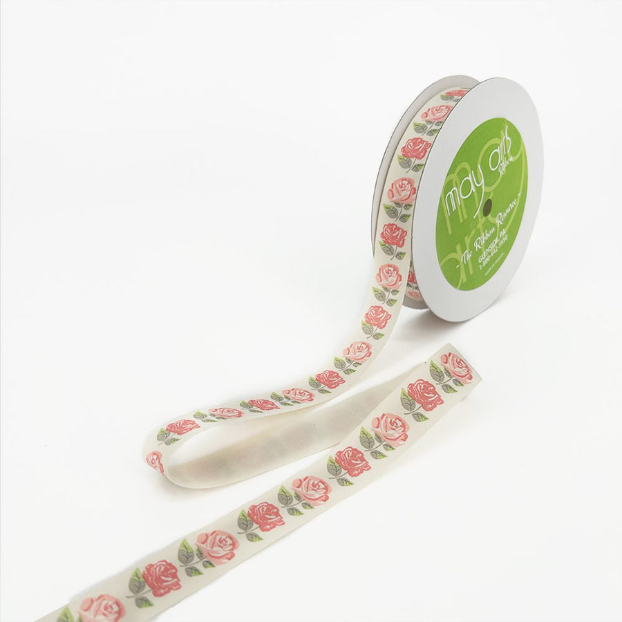 3/4 Inch Ivory Canvas Printed Ribbon with Woven Edge – 413-34-42 RED ROSE (MULTICOLOR)