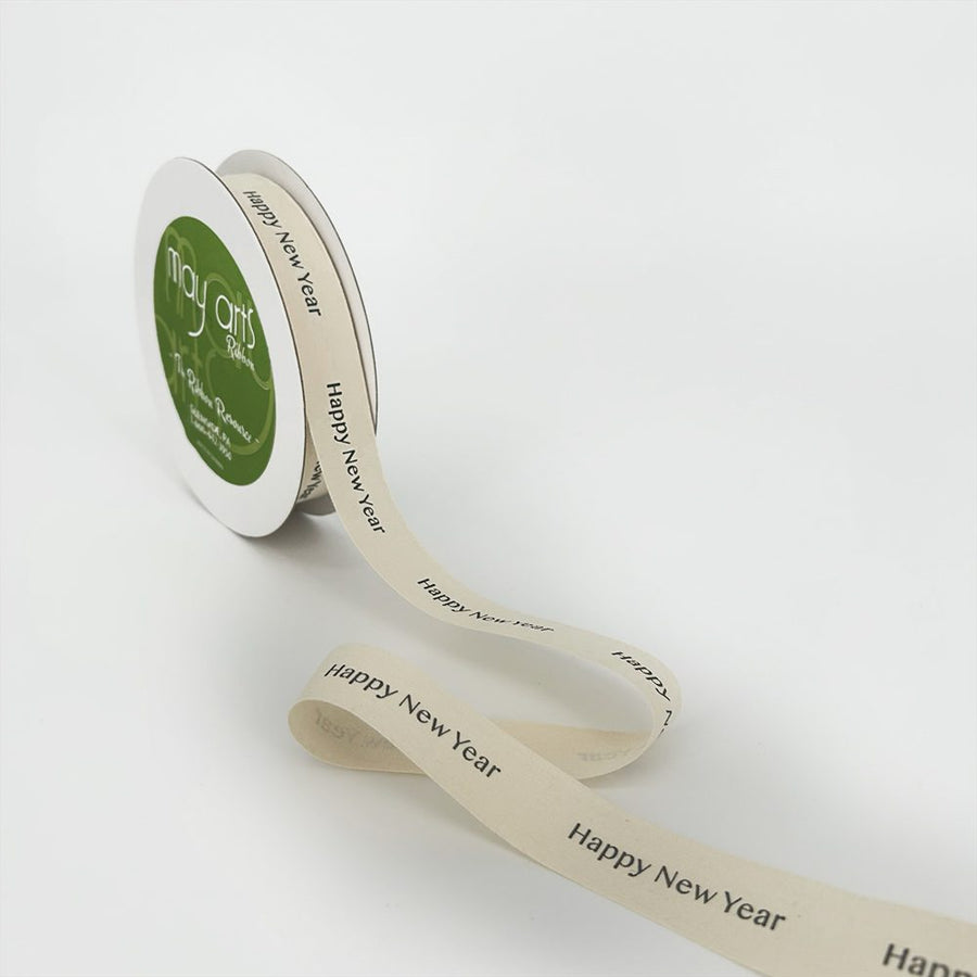3/4 Inch Ivory Canvas Printed Ribbon with Woven Edge – 413-34-43 HAPPY NEW YEAR