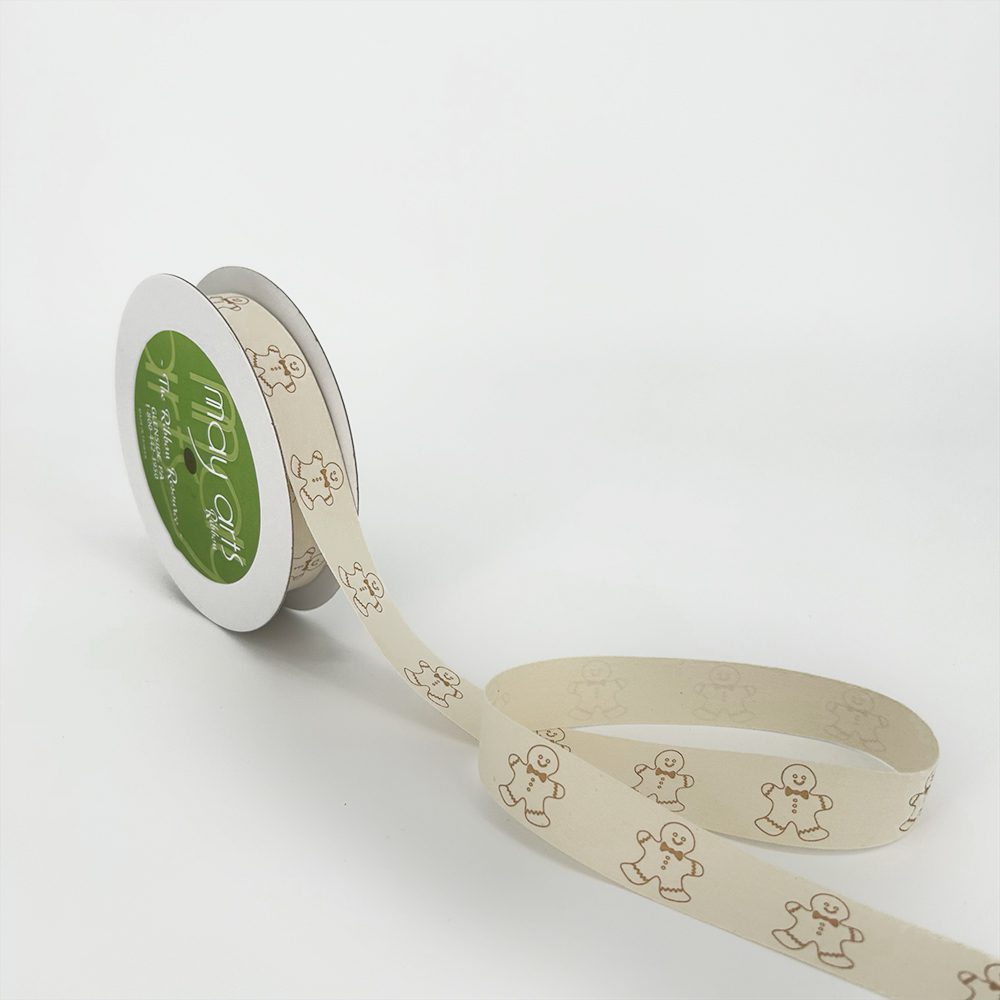3/4 Inch Ivory Canvas Printed Ribbon with Woven Edge – 413-34-44 GINGERBREAD MAN