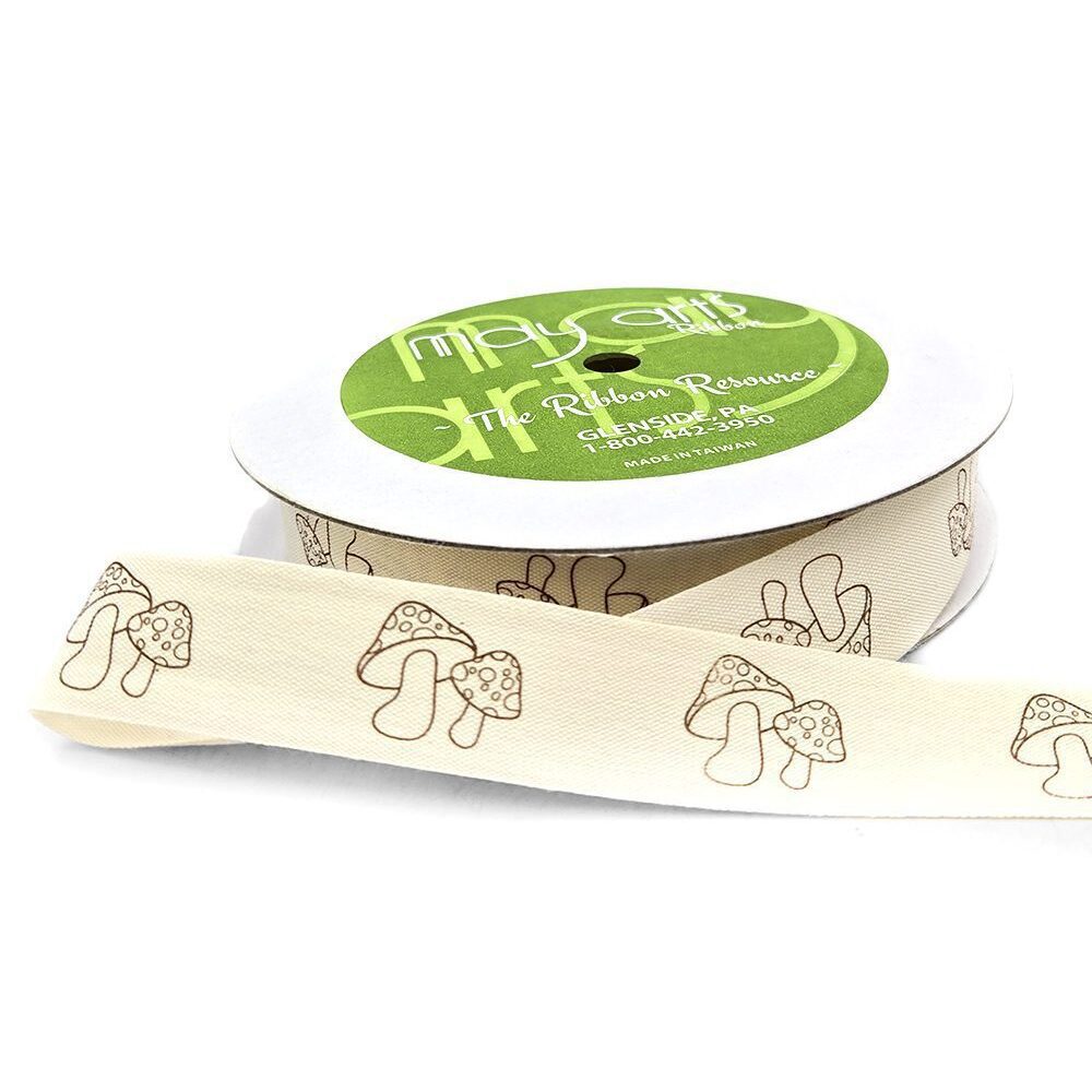 3/4 Inch Ivory Canvas Printed Ribbon with Woven Edge – 413-34-47 MUSHROOMS