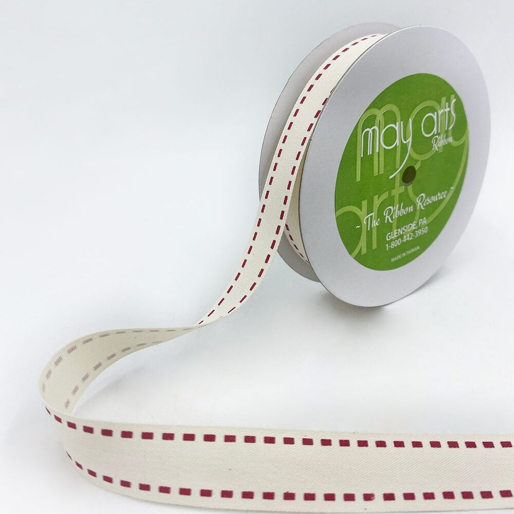 3/4 Inch Ivory Canvas Printed Ribbon with Woven Edge – 413-34-48 STITCH RED (NEW 2025)