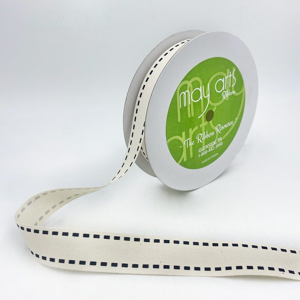 3/4 Inch Ivory Canvas Printed Ribbon with Woven Edge – 413-34-49 STITCH BLACK (NEW 2025)