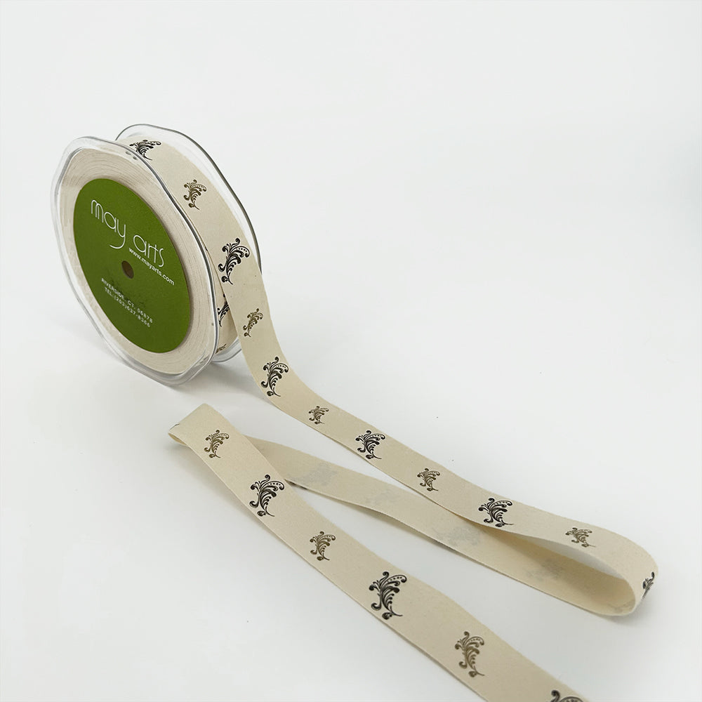 3/4 Inch Ivory Canvas Printed Ribbon with Woven Edge – 413-34-4 Scrolls