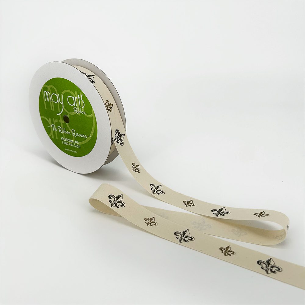 3/4 Inch Ivory Canvas Printed Ribbon with Woven Edge – 413-34-5 Fleur De Lis