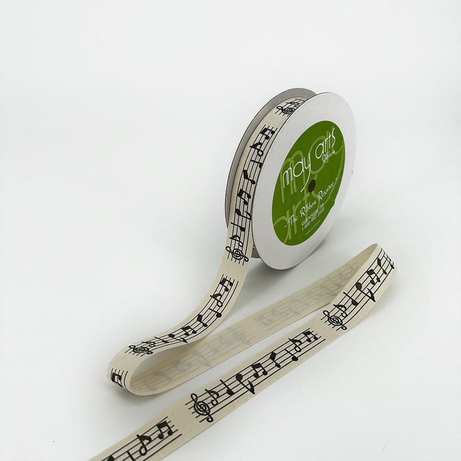 3/4 Inch Ivory Canvas Printed Ribbon with Woven Edge – 413-34-6 Black Music Notes