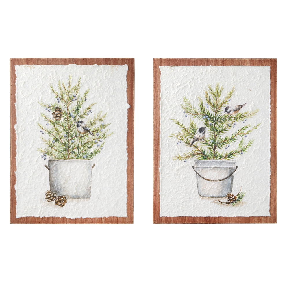 15.75" Potted Tree with Chickadees Textured Paper on Wood Wall Art